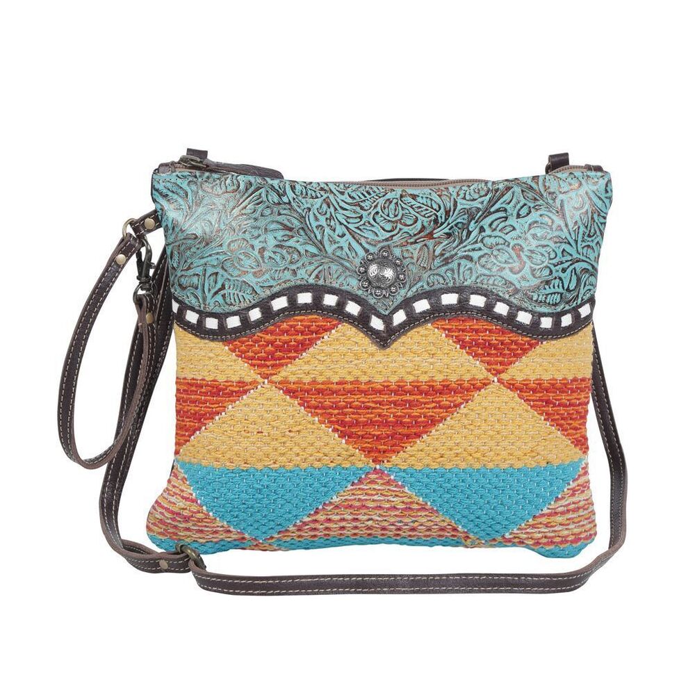 Myra Bag Handmade Xantho Small Crossbody Bag Upcycled Canvas & Cowhide Leather - Picture 2 of 10